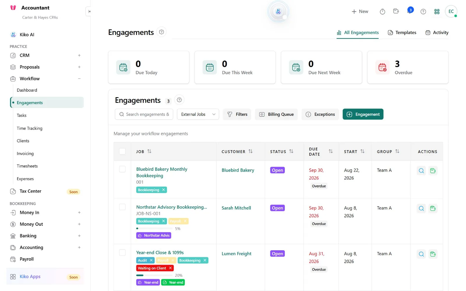 Accountant.World engagements list with due dates, status, service tags, and progress